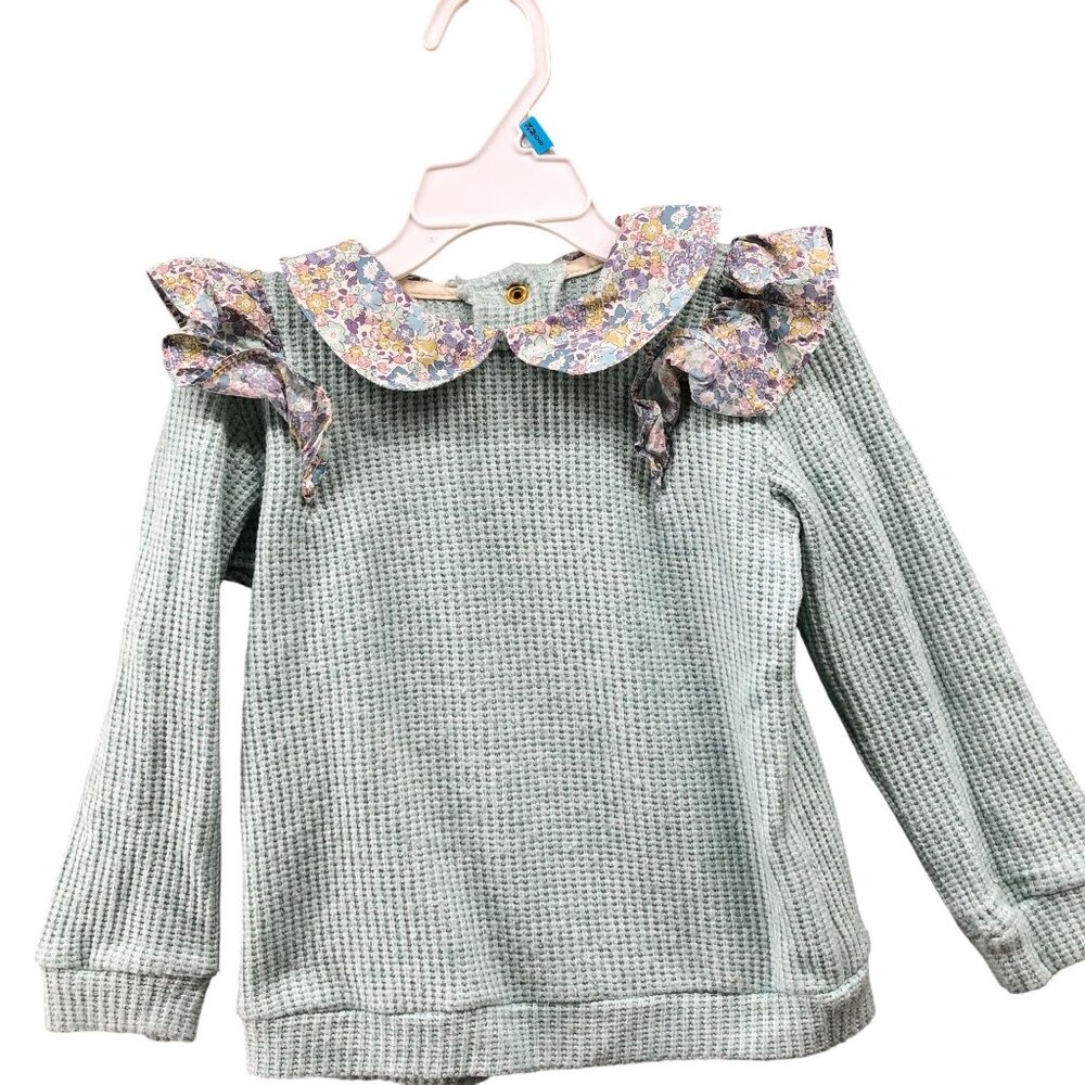 Sal & Pimenta Mint Jumper Girls 4T Collared Sweater Waffle Knit Ruffle